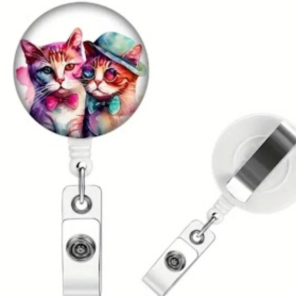 Cute Dressy Cats Badge Reel with Retractable Carabiner Clip and Snap Closure - Picture 1 of 2